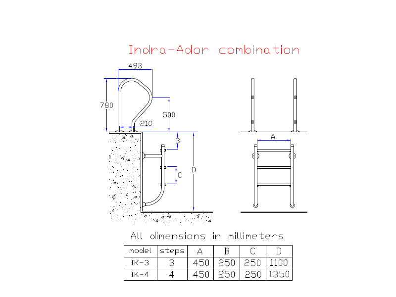 ملاحظات ابعادی نردبان دو تکه ترکیبی آدور-ایندرا